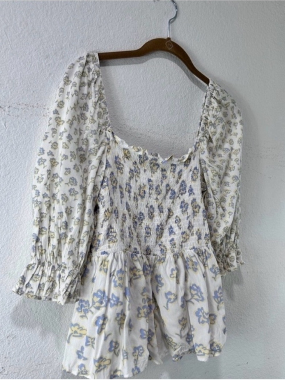 French Connection Cream Smocked Blouse with Blue and Yellow Floral